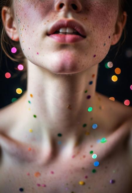 Supremely Intimate Photograph of a young woman's  throat, delicate collarbone, shoulder and breast in Saturated studio lighting.  Strong Bokeh effect. A stunning and interesting petite young perky chest, she is of Irish heritage with pale skin and just a few light freckles. Her breast has thousands of colorful nonpareil candy dots stuck around her puffy nipple. deeply aroused and aching for sexual release, the yearning. Extreme Bokeh effect,  colorful nonpareils on breast in focus, everything closer and farther are out of focus. Black negative space
