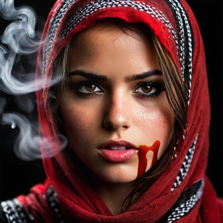 palestine_keffiyeh perfect studio photo,  girl warrior, face dirty, drops of red liquid flowing down, very expressive brown eyes, bokeh, f1.2, fog and smoke in the background, Kristina pimenova face,professional light, professional studio photo black background<lora:Palestine_keffiyeh_SDXL:0.7>