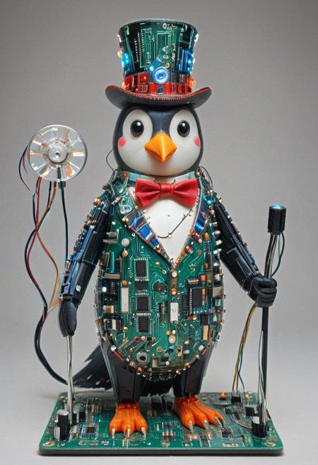 embedding:lazmpos, Transistors, pcb_style, LED, colorful LED lights, RGB lights, red green and blue penguin, art deco, top hat, cane, monocle,RetroBG