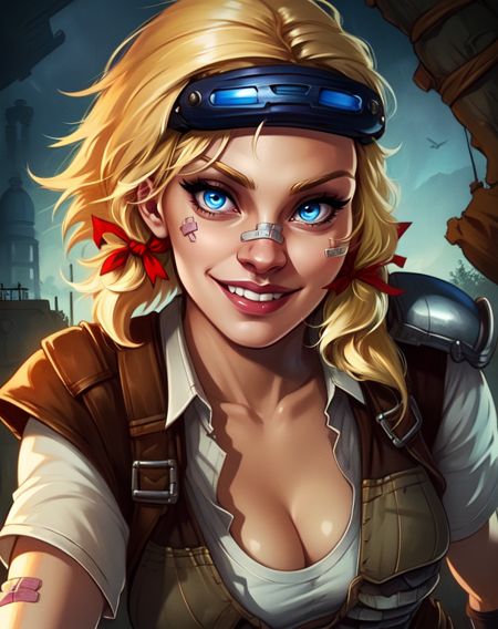 Tina,blue eyes,blonde hair,
belt,goggles on head,fingerless gloves,bandaid on face,hair ribbon,armor,cleavage,
upper body,smile,leaning forward,
western bar,wastelands,
(insanely detailed, beautiful detailed face, masterpiece, best quality),solo,<lora:Tina-10BL3v2:0.8>,