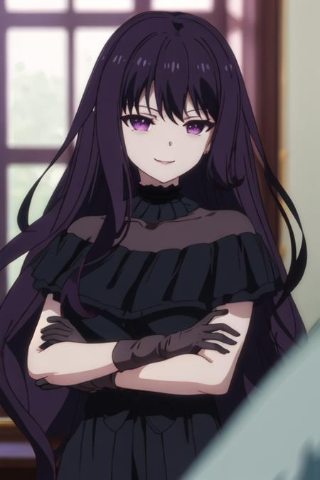 best quality, masterpiece, highres, solo, {tilty_claret_tenseioujototensaireijounomahoukakumei:1.15}, long_hair, bangs, purple_hair, purple_eyes, black_hair, blurry, black_dress, blurry_background, dress, hair_between_eyes, looking_at_viewer, 1girl, indoors, smile, collarbone, off-shoulder_dress, closed_mouth, depth_of_field, upper_body, anime_coloring, bare_shoulders, off_shoulder, window