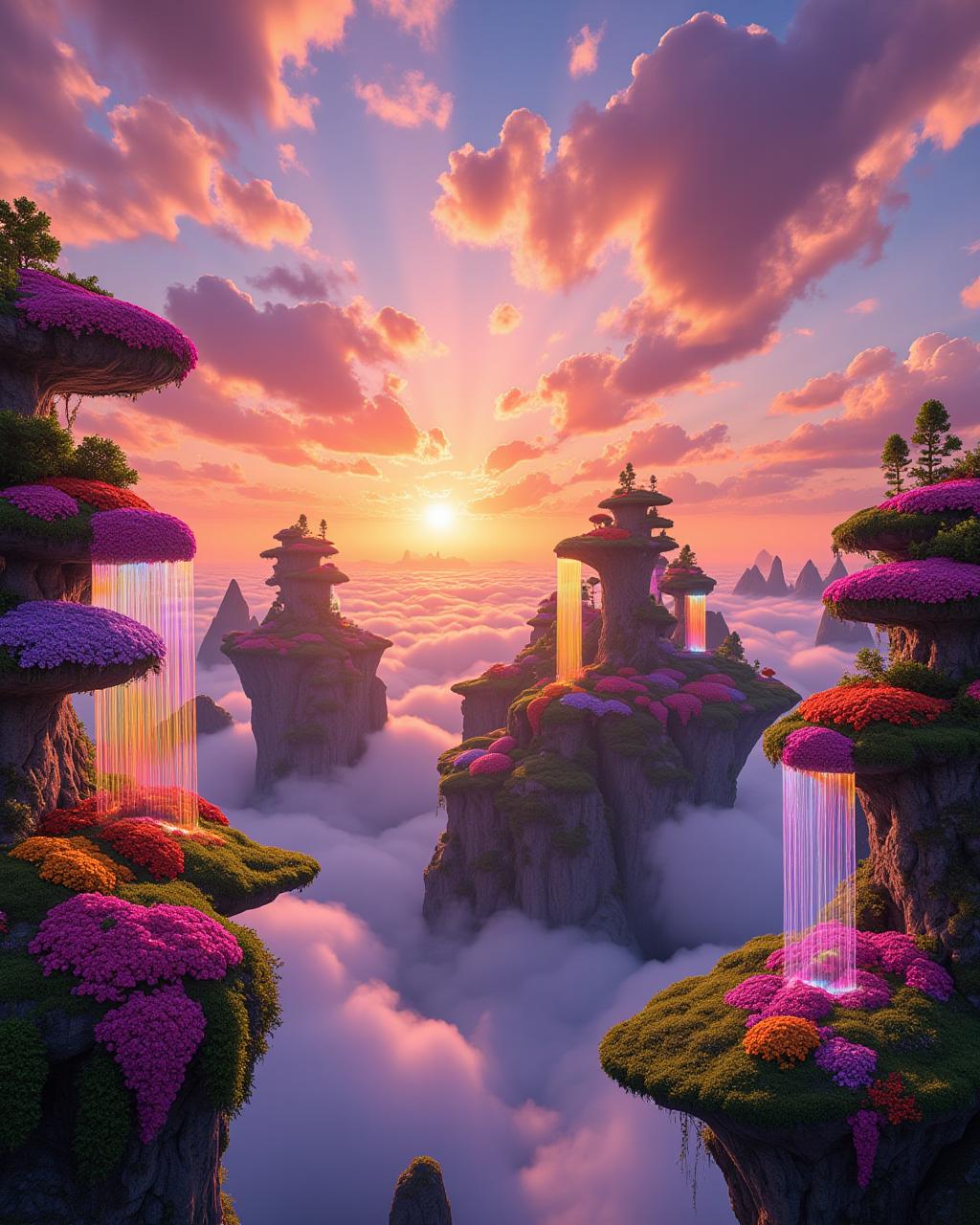 Vibrant Sky Gardens - Lush floating islands suspended in a vivid sunset sky, with glowing waterfalls cascading into the air. The islands are covered with multicolored flora, their petals reflecting the last rays of sunlight, creating a rainbow of light that dances on the horizon.