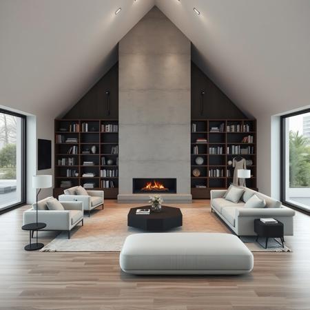 photorealist modern minimalist living room inside a piramide shape room,fire place, library, sofa,  photorealist, masterpiece, 4k, high details