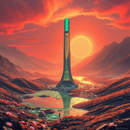 Planet Xylophia-IV, a stunning celestial body known for its breathtaking landscapes, making it an attractive destination for human colonization and terraforming efforts in the late 22nd century.
Soft, serene sky with reds and oranges
A tranquil, crystal-clear  ice lake reflects the aurora's ethereal dance, its surface dotted with lotus-like, bioluminescent flora that pulse in harmony with the planet's natural energy; undulating, emerald-green hills rise gently, covered in a lush, alien vegetation that shimmers with a subtle, rainbow hue; the rugged, ruby mountain range stretches across the horizon, its peaks hiding ancient, alien ruins and mysterious energy sources.
The center object is a majestic, spiral-shaped skyscraper, that pierces the sky, its surface adorned with a latticework of neon-lit, retro-futuristic accents; the spire serves as New Eden's heart, housing the colony's administration, a renowned intergalactic research center, and a luxurious, zero-gravity hotel.
As the dual suns dip below the horizon, New Eden transforms with a warm, golden lighting scheme, accentuating the retro-futuristic elements and casting a magical glow across the landscape.
Panoramic shot from a elevated vantage point, capturing the entirety of New Eden, the lake, and the majestic distant mountain ridge.