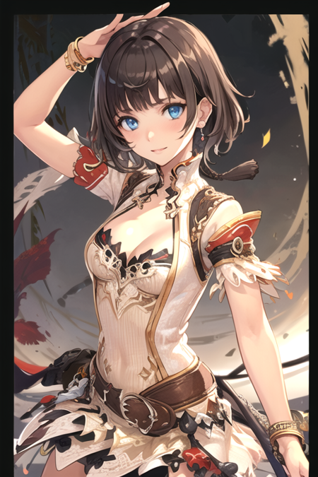 ZephieMagna, 1girl, solo, long hair, short hair, blue eyes, brown hair, dress, cleavage, jewelry, medium breasts, belt, bracelet, armlet