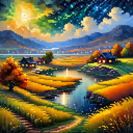 (highly detailed), ((masterpiece)),(Impasto), intricate, digital painting,shadow ,landscapes ,(autumn:1.2), fantasy,(firefly) ,delicate grassland
,(grassland:1.3),(lake:1.3),(villiage:1.2),lights,clear sky ,wind ,beautiful sky ,cumulus ,(night sky),(stars)