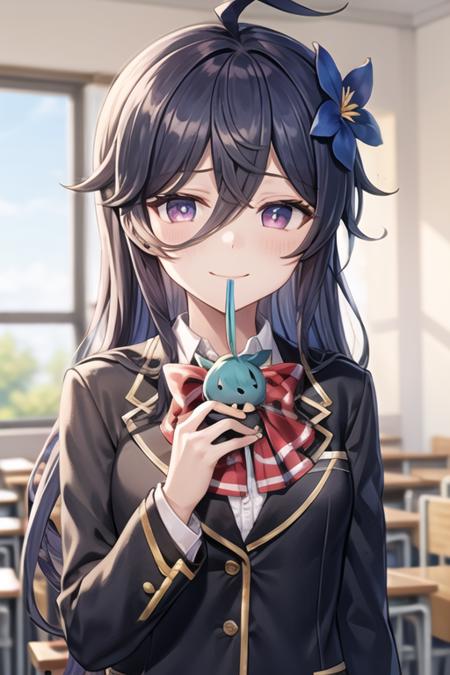 <lora:NishaElsword-05:0.8> ,nisha, 1girl, solo, long hair, looking at viewer, blush, smile, shirt, black hair, hair ornament, long sleeves, bow, holding, hair between eyes, very long hair, closed mouth, school uniform, blue hair, purple eyes, jacket, white shirt, upper body, flower, ahoge, open clothes, collared shirt, hand up, hair flower, bowtie, blurry, open jacket, dress shirt, depth of field, blurry background, blazer, yellow bow, blue flower, brown jacket, character doll, selfie