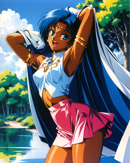 yuuki nobuteru, 1990s \(style\), 1girl, armlet, arms up, blanket, blue eyes, blue hair, cowboy shot, dark-skinned female, dark skin, day, miniskirt, nature, open mouth, outdoors, retro artstyle, short hair, skirt, sleeveless, solo, water,  ((masterpiece)) <lora:yuuki_nobuteru_offset:1>