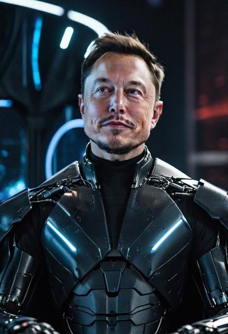 1man, solo, old elon musk face, short beard, skin cyborg attributes, mastermind, smart, inteligent, focused, looking at viewer, sitting at throne, cyberpunk, sci-fi, shadowy background, future city background, night, insanely photorealistic, insanely sharp, perfect hands, slight bokeh, skin with cyborg energy stretch marks, black cables through the skin