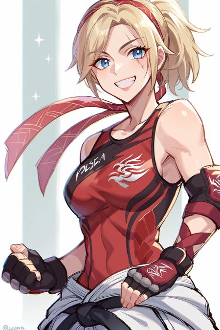 edgLidia,fingerless gloves,scar across one eye,ponytail,red hairband,black karate belt,clothes around waist,dougi,tank top