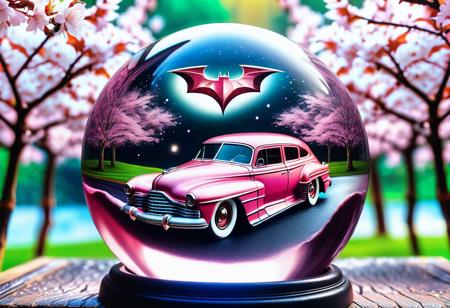 hyper detailed masterpiece, dynamic realistic awesome quality, tumbler (the dark knight), running boards,
 wing windows,  running boards,
 pedal covers, vibroblade, illuminated,
 cherry blossom pink, worn patina, ,in a DonMCry5741b411XL crystal ball  <lora:DonMCry5741b411XL:1>