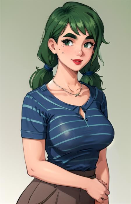 best quality, (masterpiece),(ultra-detailed), (high quality), (high resolution), <lora:caroline-10:0.7>,1girl, blue shirt, breasts, caroline, collarbone, curvy, gradient background, green background, green hair, lipstick, long hair, looking at viewer, mole on breast, necklace, pants, reference inset, shirt, short sleeves, skirt, sky, smile, solo, striped shirt, thick eyebrows, twintails, upper body,striped shirt