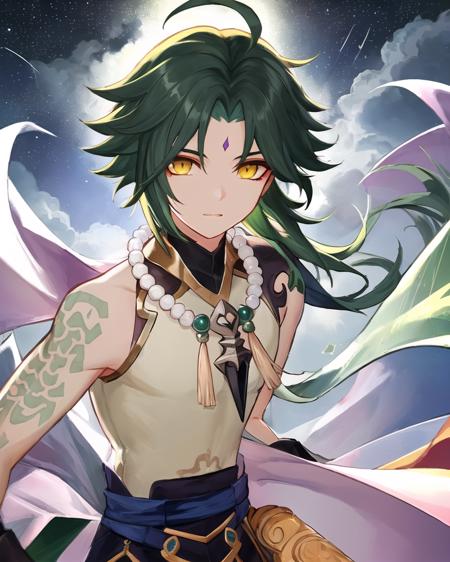 ((masterpiece)), ((best quality)), ultra detailed,((illustration)), dynamic angle, detailed light, (delicate eyes), floating,
<lora:Genshin_Xiao_AP_v2:0.65>, 1boy, male focus, head, clothing, dark green hair, yellow eyes, necklace, tattoo, (forehead:0.8), ahoge, jewelry, gloves,
(starry sky), flying_leaves, wind, cloud,