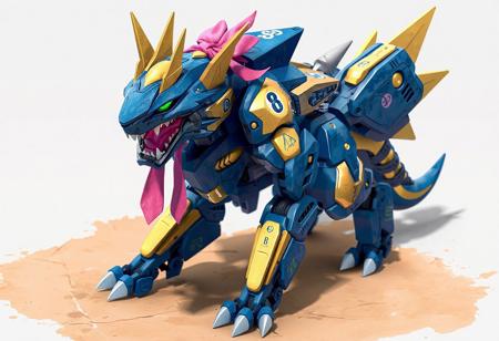 Mecha Phantom Beast werewolf robot, blue and gold, pink bow, bird emblem, number "8" detail, camera head, dynamic action pose, Super Quantal Mech Ship Magnacarrier surface. Isometric, octane render, unreal engine 5, splash ink illustration, Raphael style, Houdini style, trending on Artstation, CGSociety, golden ratio, vivid emotions, joyful impact, 4k, high-res, lifelike details, matte painting.