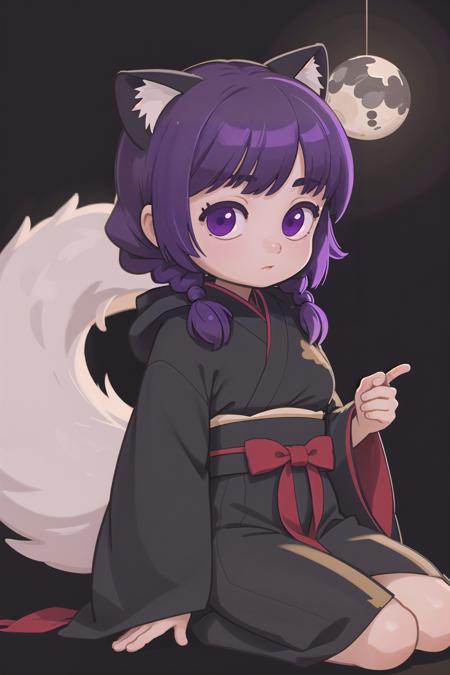 (masterpiece, best_quality, ultra-detailed, immaculate:1.3), epic, illustration, cat ears arctic kunoichi  ,  , hooded cloak,, hakama trousers, kitsune mask,purple hair, long bombshell hair, (african, dark skin:0.6), small breasts, slim figure, moonless night, in a  shop, in an orderly, Chinese alchemy laboratory, bombshell hair, glowing black hair, swept bangs,Dreadlocks, body bridge<lyco:EnvyCuteMix10:1>