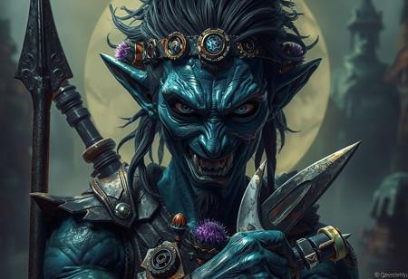 "Create an official, high-definition artwork of a non-binary Scrap Hunter in a dramatic pose on a Spell Sanctuary background. The focus is on intricate, lifelike details, with a golden ratio composition. The Scrap Hunter should have sharply defined shoulders, a spear and knife, and a thistle symbol of their villainous status. The face should be accurate and intimidating, with a hint of alien features. The color scheme should be deep blue. The final image should be ultra-detailed, suitable for a listing or stock photo. Realistic eyes and sharp teeth are essential, as well as gearwheels and squelch effects. The image should aim to trend on cgsociety and have a 4k resolution."