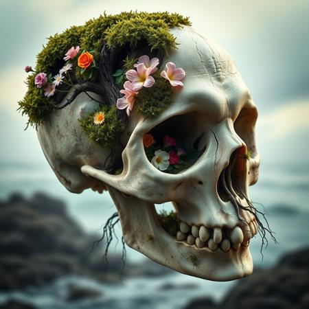 Surreal Photo of a skull looking towards the bottom left of the picture, the skull has with a big hole on his right side, inside the skull there are beautiful flowers, moss and trees, there are trees roots coming out of the skull holes and nose, moss on the skull, skulls bones is detailed and old skull texture, masterpiece, 8k . The photo  has been stylized with a 250% amplification to emphasize the intricate details of the oceanic scene., photo, cinematic atmosphere, RAW photo shot by dslr Fujifilm XT3, depth of field, bokeh, soft lighting, film grain, Lifelike full sharp