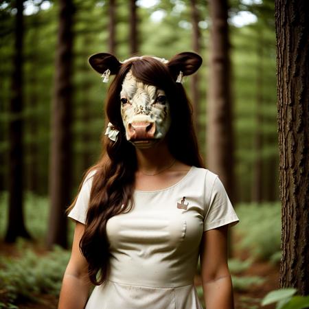 a white woman, long hair, brown hair wearing dress, forest, short sleeve,detailed <lora:cow_slider_v10:5.5>