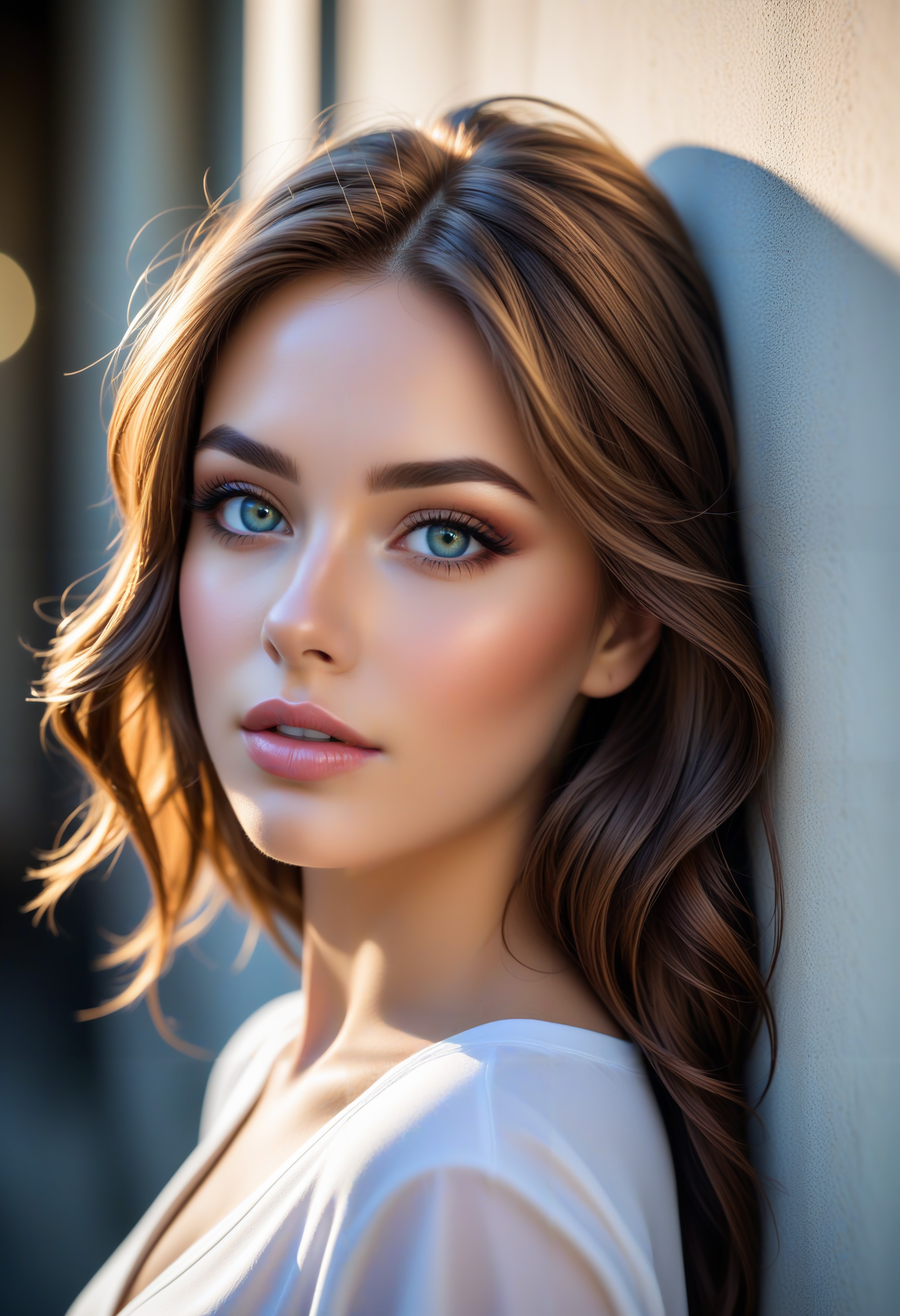 HDR photo of soft portrait of a beautiful woman, face close-up, smooth hair elegantly draped around her neck, fullness of ...