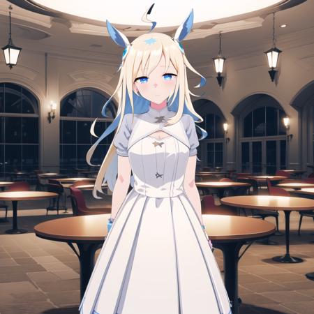 high quality, best quality, masterpiece, absurdres, neo universe, white_dress, 1girl,  <lora:universe-000010:0.85>, solo, ballroom, night, tables, meals, lights