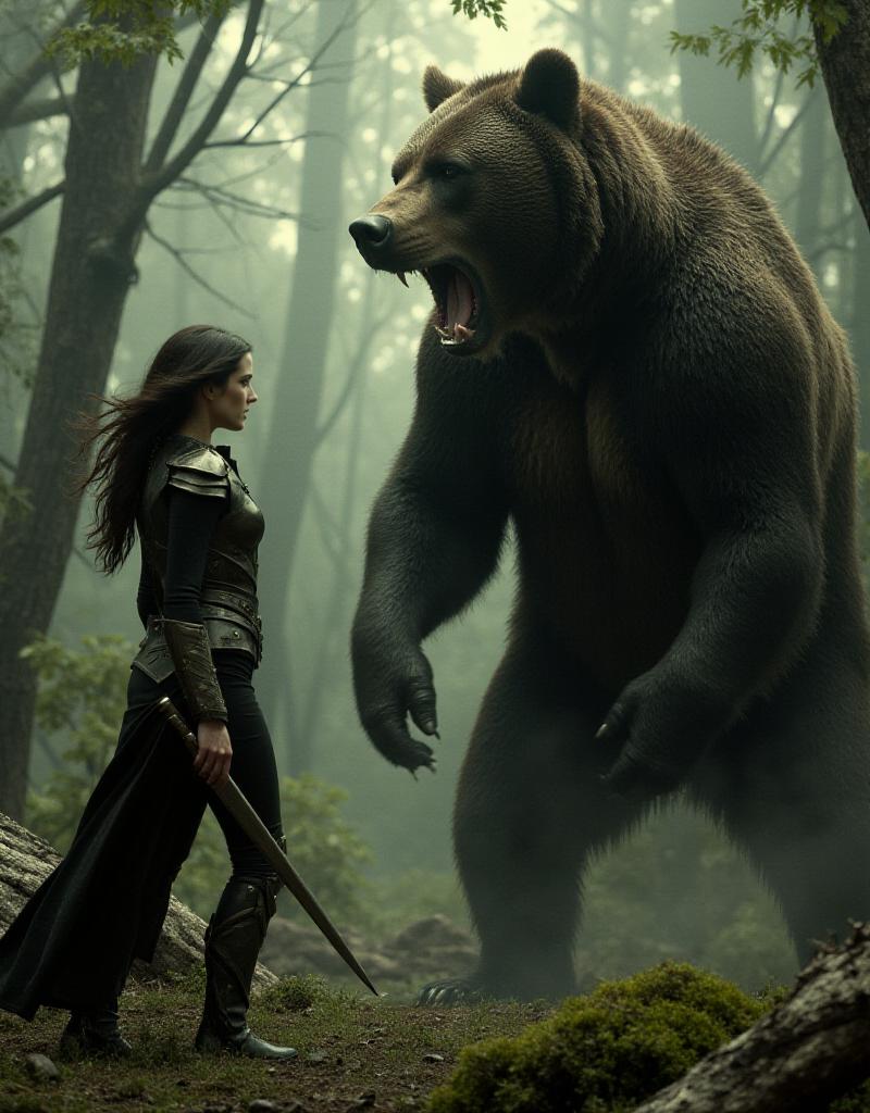 Artemisia is a woman in an armor fighting a giant bear in the forest<lora:Artemisia:0.9>