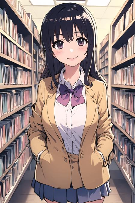 ((masterpiece)), (best quality), (detailed), (1 girl),<lora:sno-08:0.8>,bow, bowtie,jacket,long hair,school uniform,library,smile