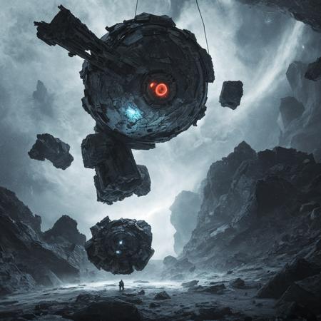 debris from a destroyed planet, Bioluminescent core, floating alone in space, eerie, dark, hdr, uhd, 4k