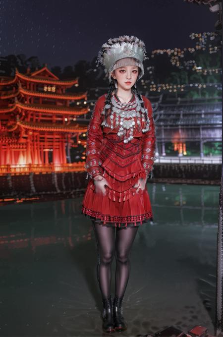 night,1girl,solo,black hair,hat,red,standing,long sleeves,black eyes,dynamic,wet,<lora:Hmong_costume_Red_XL_V2:1>,