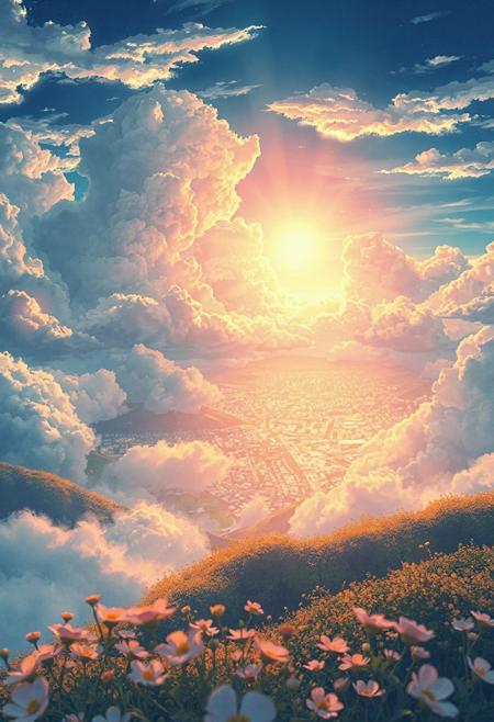 Vertical 9:16 cinematic anime scene, mountaintop view over a glowing city in the distance, slow-moving layers of clouds with dynamic texture and volume, sunlight piercing through in brilliant shimmering rays, soft glow illuminating the hills and rooftops below, flowers gently swaying in the foreground, pastel golden hour palette with blues, soft oranges, and warm pinks, ultra-detailed anime watercolor style, dreamy and emotional motion atmosphere.
