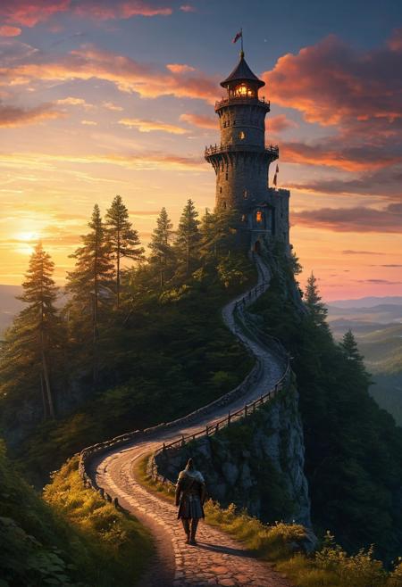 A close-up, portrait of a warrior with a speartip, in the foreground, in the background a single, winding road, leading up through a forest towards a high watchtower on the top on a hill, lights twinkle in the tower as twilight approaches and the sun sets, hyper-detailing, UHD, 3D digital fantasy art, 16K,