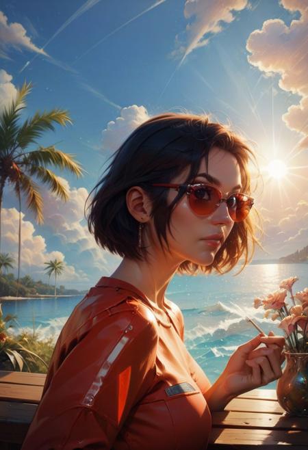 (((upper body shot))), score_9, score_8_up, score_7_up, score_6_up, (shorter petite cute skinny girl, short body, young, medium breasts, black straight hair, bob cut hair), sitting on box, downtown, reflecting sunglasses, intricate details, detailed background, hyperrealistic, warm sun light on body, serious expression, tattooed arms, jeans, long grey t-shirt, red leather jacket, sun reflections, California, palms,