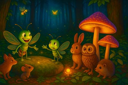 In an enchanted forest at dusk, two anthropomorphized fireflies—a proud, boastful father and his shy son—stand at the center of a gathering of woodland creatures. The father’s glowing presence exudes confidence, his wings flickering with bursts of prideful light, while the son’s softer amber glow reflects his quiet internal conflict. Surrounding them, an owl, rabbit, fox, and hedgehog display varied emotional reactions—empathy, admiration, concern, and naive curiosity. The bioluminescent plants and glowing mushrooms pulsate with the emotional tension in the air. The scene is set on a moss-covered stone, illuminated by soft moonlight filtering through the dense canopy. The father’s exaggerated brilliance contrasts with the son’s subdued glow, visually mirroring their emotional divide. The art style is Pixar-inspired with expressive lighting, finely detailed textures, and subtle emotional depth in character postures and facial expressions. The forest’s lighting fluctuates dynamically, reinforcing the magical, emotionally rich atmosphere.