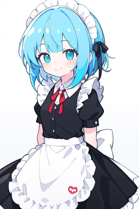 blue hair, gloves, blue eyes, apron, maid, white gloves, short sleeves, short hair, black background, dress, maid headdress, ribbon, simple background, puffy sleeves, puffy short sleeves, black dress, looking at viewer, frills, maid apron, white apron, closed mouth, joints, red ribbon, bow, bangs, adjusting gloves,