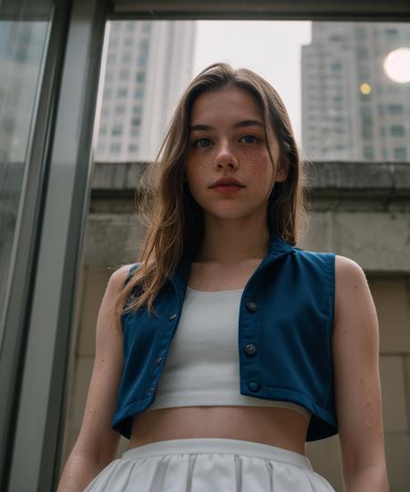 RAW Photograph,lens flare,dslr,soft lighting,high quality,film grain,Fujifilm XT3,insane details,masterpiece,8k,35mm photograph,dslr,kodachrome,vignette,vintage,Kodachrome,Lomography,stained,highly detailed,found footage,a cute girl,(18 years old, young:1.1),freckles,innocent,pale,sweaty,detailed skins,(cropped vest:1.1),pouting,blue eyes,pink rouge,wet hair,neon lights,skyline,hazy,from below,
<lora:picxer_real:0.5>,
