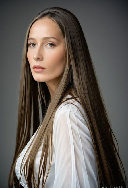 Extremely beautiful woman,very long hair, masterpiece, 1960s style portrait photograph by Annie Leibovitz, Rolleiflex medium format tlr