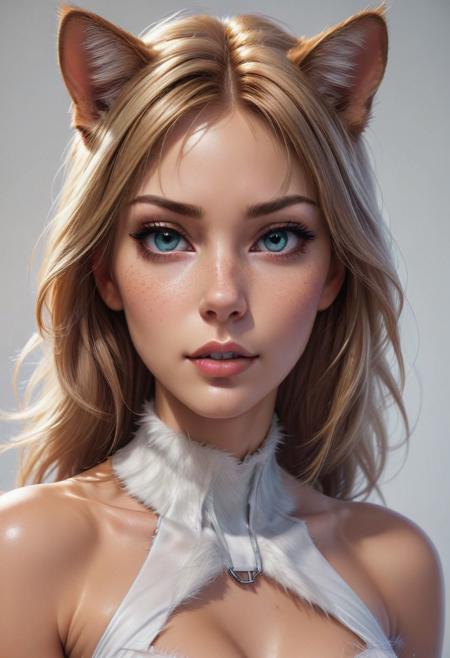 Anna as a cat, seductive pose, fur body, whiskers, philtrum, style of stanley artgerm, artgerm style, white background, simple background