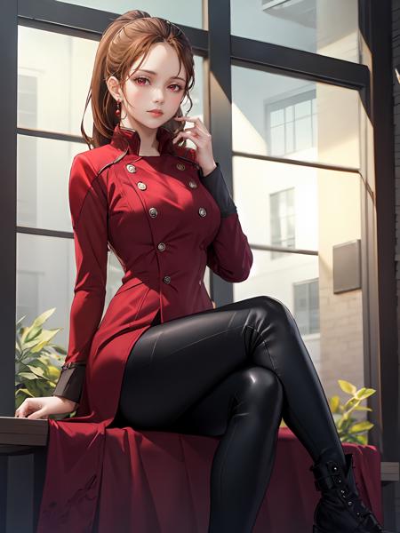 (extremely detailed CG), (best quality), 1girl, perfect face,shiny skin,narrow waist, wide hips   <lora:ReikaShindai-10:0.7> ReikaShindai, ,black pants,black nails,jacket,boots,red eyes,pants,long sleeves,red coat,brown hair,ponytail,coat,long hair,earrings, jewelry ,sitting on a throne ,crossed legs