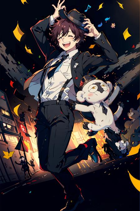 masterpiece, best quality, <lora:lw:1>,1boy, male focus, confetti, hat, smile, closed eyes, suspenders, necktie, formal, suit, musical note, brown hair, solo, jacket, jumping, spotlight, grin, blush, dog, pants, eighth note, shirt, dancing, fedora, ^_^, red hair, full body, amamiya ren, monokuma, black necktie, arms up, cat, open mouth, beamed eighth notes, black pants, black jacket, cosplay, short hair, stuffed toy, black hair, stuffed animal, white shirt