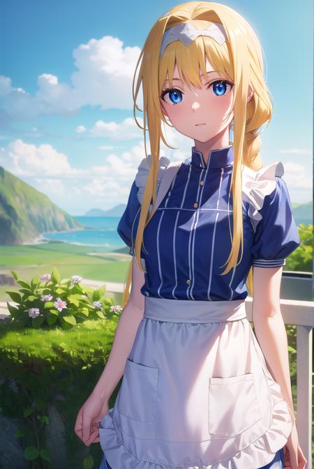 alice zuberg, bangs, blue eyes, blonde hair, hair between eyes, very long hair, braid, hairband, white hairband, dress, cape, armor, blue dress, shoulder armor, gauntlets, pauldrons, breastplate, armored dress, faulds, blue cape, knight, (gold armor:1.5), body armor, dress, bow, ribbon, short sleeves, frills, apron, puffy short sleeves, blue dress, brown footwear, knee boots, white bow, white apron, frilled apron,