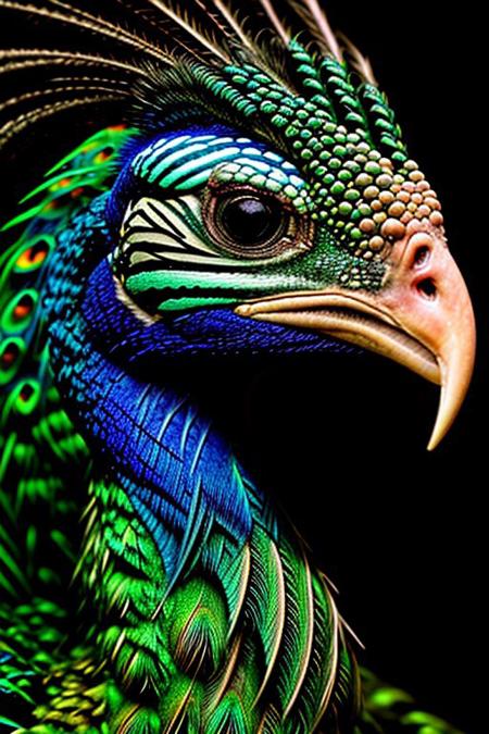 Create a photorealistic close up image of a peacock, feathers,vibrant colors and dark background, highly detailed, aesthetic, great lighting, extremely detailed,  award winning, perfect composition, a rich and complex image of nature, a vibrant tissue of hues and textures captured digitally, best quality, realistic, captivating, intricately detailed, hyper detailed, maximalist style, photorealist, sharp focus, dynamic lighting, superb composition, finest details, highest aesthetics, best quality, sharp focus, high contrast, stylized, clear, colorful, ultra quality, 8k, best quality, masterpiece,midjourneyv6.1, close up,