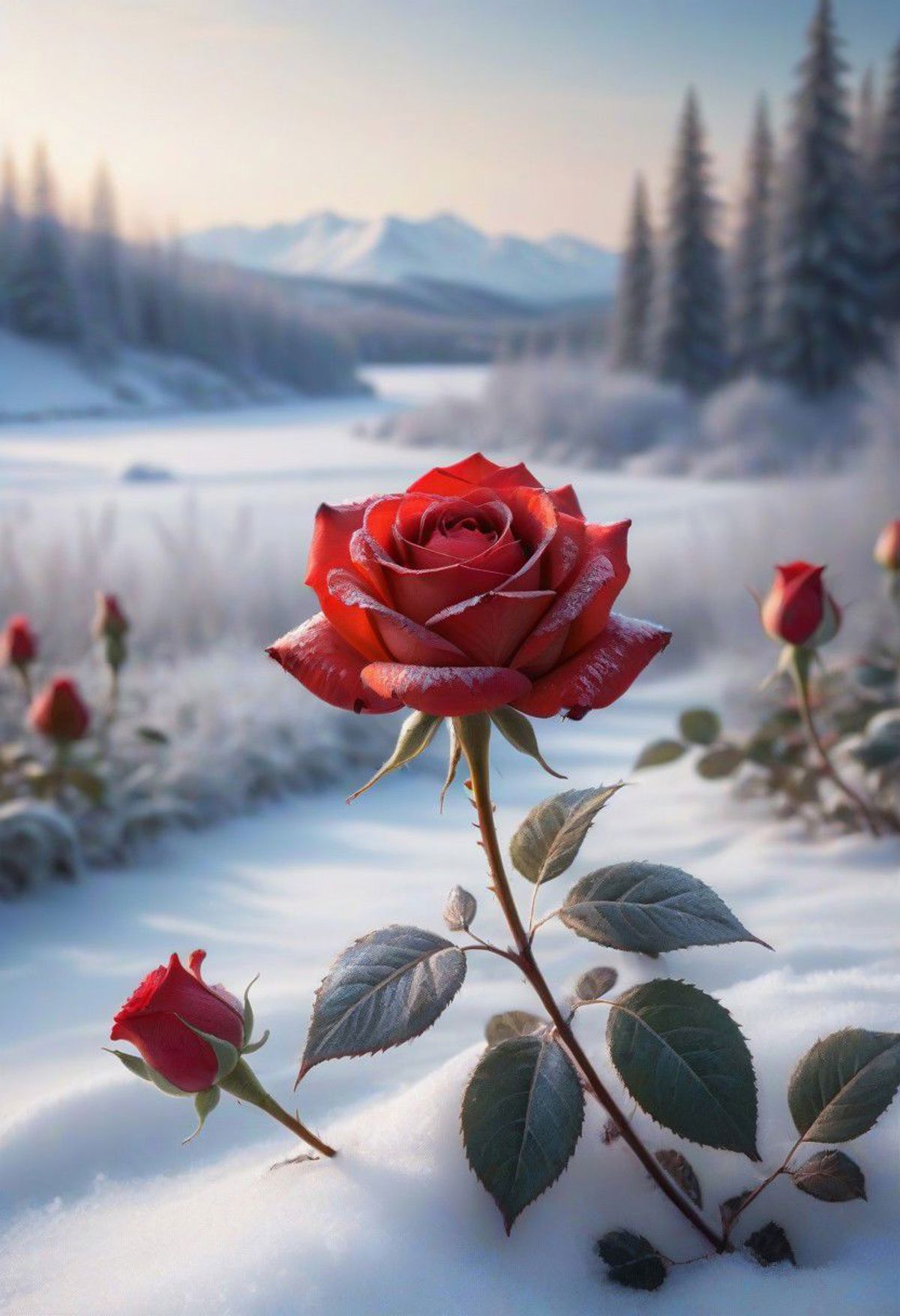 A Single Rose in Snow-Covered Ground