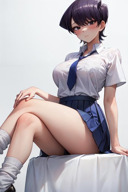 <lora:komi_shuuko:1>komi shuuko, short sleeves, white socks, white background, skirt, socks, collared shirt, blue skirt, solo, necktie, pleated skirt, invisible chair, school uniform, white shirt, closed mouth, blush, simple background, looking at viewer, loose socks, 1girl, sitting, shirt,mature female, large breasts