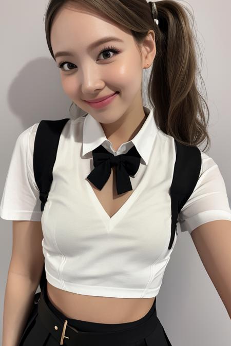 //Photo of, 1girl, solo //Camera style, centered shot, from front, face and waist, look at viewer, //Pose, lean on desk, //Face, imanayeon, <lora:imnayeon:1>, ponytail, //Body, symmetrical body, (small breasts:1.6), flat chest, (perfect anatomy:1.2), //Fashion, (mahalaiuniform:1.2), (white shirt short sleeves), (black short pleated skirt:1.2), belt,  //Background, (university:1.6), //Best Quality, High quality, masterpiece, realistic, photorealistic, ultra high res, highly detailed skin,