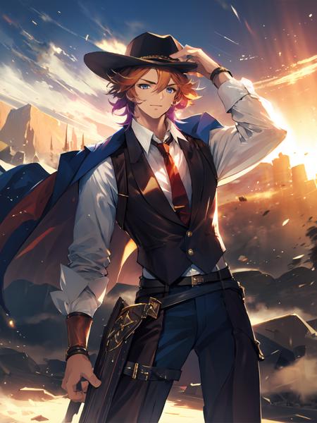 masterpiece,best quality,highres,cinematic lighting,dramatic angle,<lora:ShadowverseMaiser&SelenaV2:0.8>,maiser,1boy, messy hair,orange hair,gradient hair,multicolored hair,blue eyes,vest,jacket,necktie,white shirt,leather pants,sheath,smile,dust,hat,cowboy shot