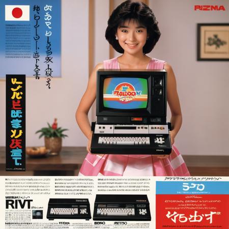 Picture an advertisement set in the 1980s in Japan. The scene is bright and colorful, reflecting the vibrant culture of that time. At the center, a young and cheerful woman with wavy hair and vibrant 80s fashion, like a poofy skirt and high heels, holds a sleek VCR, showcasing its modern design. The woman is smiling widely, looking at the camera as if she's inviting the viewer to join in the excitement of this new technology. Retro Japanese characters appear at the top, advertising the brand and the revolutionary features of the VCR. The backdrop is a living room setting, with a CRT TV showcasing the clear video quality of the VCR, <lora:jp80:0.75>