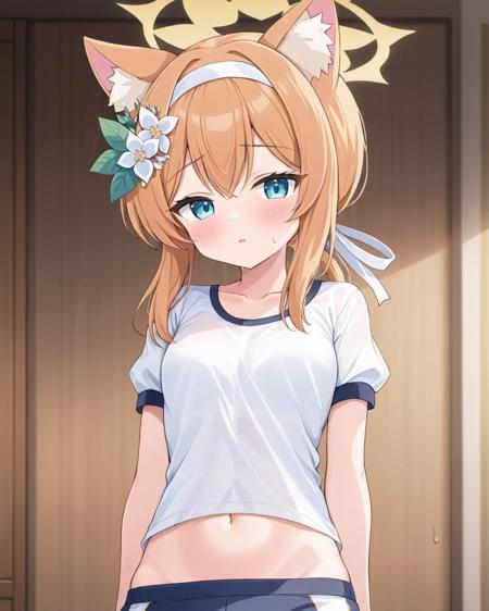 mari \(blue archive\),1girl, solo, official_alternate_costume, navel, hair_flower, stomach, animal_ear_fluff, looking_at_viewer, halo, white_shirt, shirt_lift, undressing, blush, sweat, short_sleeves, white_hairband, standing, lifted_by_self, cowboy_shot, parted_lips, white_flower, sidelocks, collarbone, gym_uniform, short_shorts, indoors, groin
<lora:mari_(blue_archive)_image2498_2023-11-28-000008:1>halo. gorgeous,key visual, vibrant, studio anime,award-winning, professional, highly detailed,high budget, cinemascope