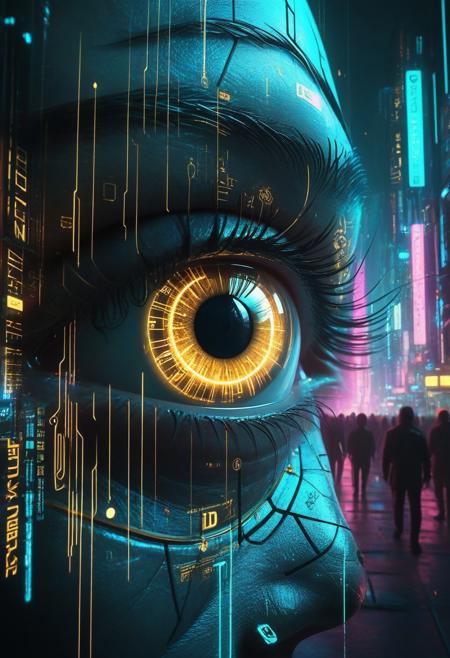BUZZ movie poster style (Masterpiece, ultra-realistic, high detail, photorealistic, dark Mechanicum style, Grimdark sci-fi, cinematic lighting, best quality, 8K, film grain, dramatic atmosphere, cyberpunk influence) (masterpiece, digital art:1.3), highly intricate double exposure art inspired by Yuumei, (close-up of a person's eye:1.2) superimposed on a bustling city street, cyberpunk aesthetic, trending on CGSociety, multiple exposure technique, overlaying textures with glowing holographic elements, technicolor palette, bright city lights illuminating the scene, reminiscent of \"The Matrix\" film's Pinterest color scheme, high definition rendering, colorful dream-like atmosphere, elaborate details in the digital art, futuristic and vibrant, captivating visual narrative.. (Golden runes and cybernetic lines decorate), volumetric light cuts through haze. Highly detailed textures, stylized realism, cyber-gothic atmosphere., Dark fantasy meets neon art. very HD