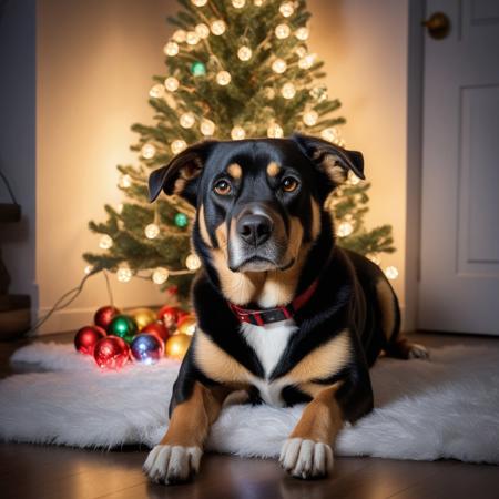 photography very realist dog playing with lots of Christmas lights and Christmas balls around him, Christmas decor background