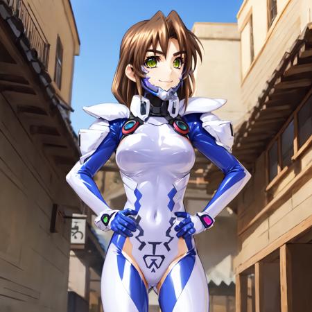 solo, Sakaki Chizuru, green eyes, pilot suit, bodysuit, standing, smile, hands on hips, legs