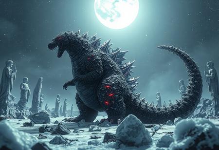 Create a highly detailed, 4K illustration of a Medusa Worm-inspired Godzilla, standing in a winter landscape with glittering ice and black slime, chemrail, and thin spikes. The model should embody greed and have a long, plump form, with several broken statues surrounding it. Use a monochrome 3D model for the main figure, with a pop of color in the eyes, clothes, and chemrail. Incorporate vivid emotions, sharp lines, and harmonious colors to bring the scene to life. Use Octane Render, Unreal Engine 5, and a dynamic action pose to enhance the visual appeal, and draw inspiration from artists such as Alphonse Mucha, Artgerm, Greg Rutkowski, and WLOP. Ensure the final piece features a powerful message, stunning colors, and captivating lighting to make it trending on ArtStation and CGSociety.scopophobia
